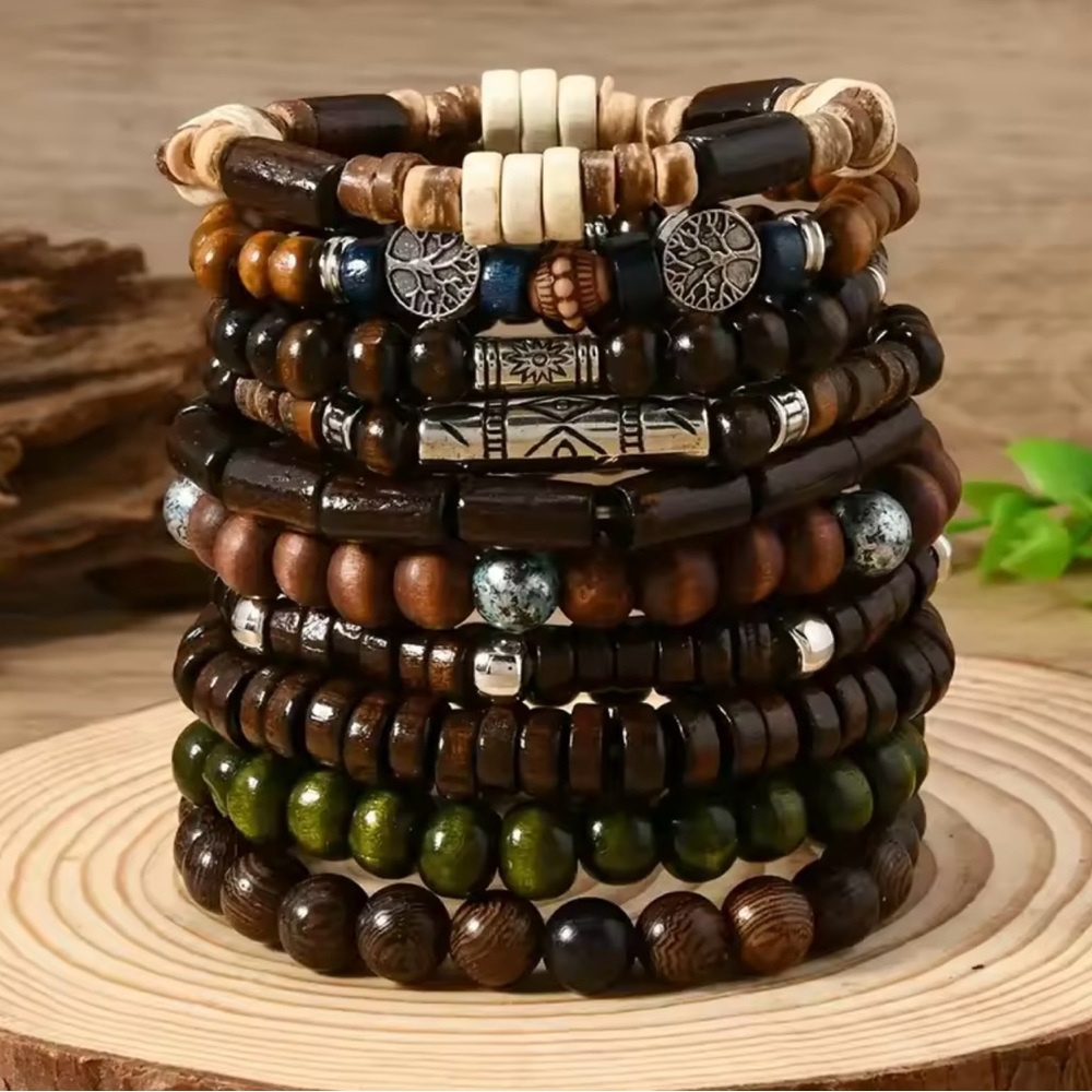 Men’s 10pcs Bohemian Wooden Beaded Bracelets
